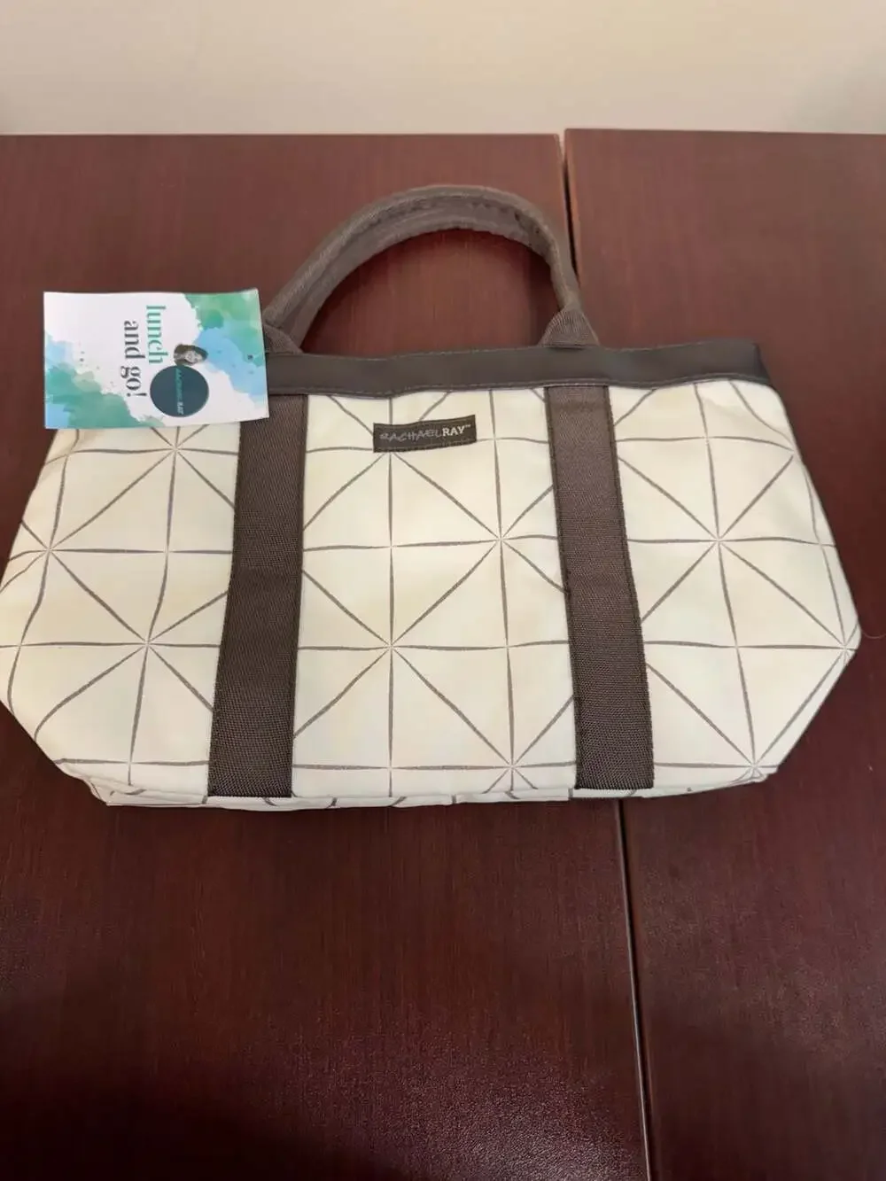 Rachael Ray Lunch and Go! Insulated Tote Bag - Cream and Grey Geometric Print
